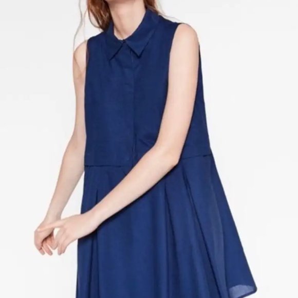 ZARA Trafaluc Blue Collared Sleeveless Babydoll Dress Size Small - Picture 2 of 4